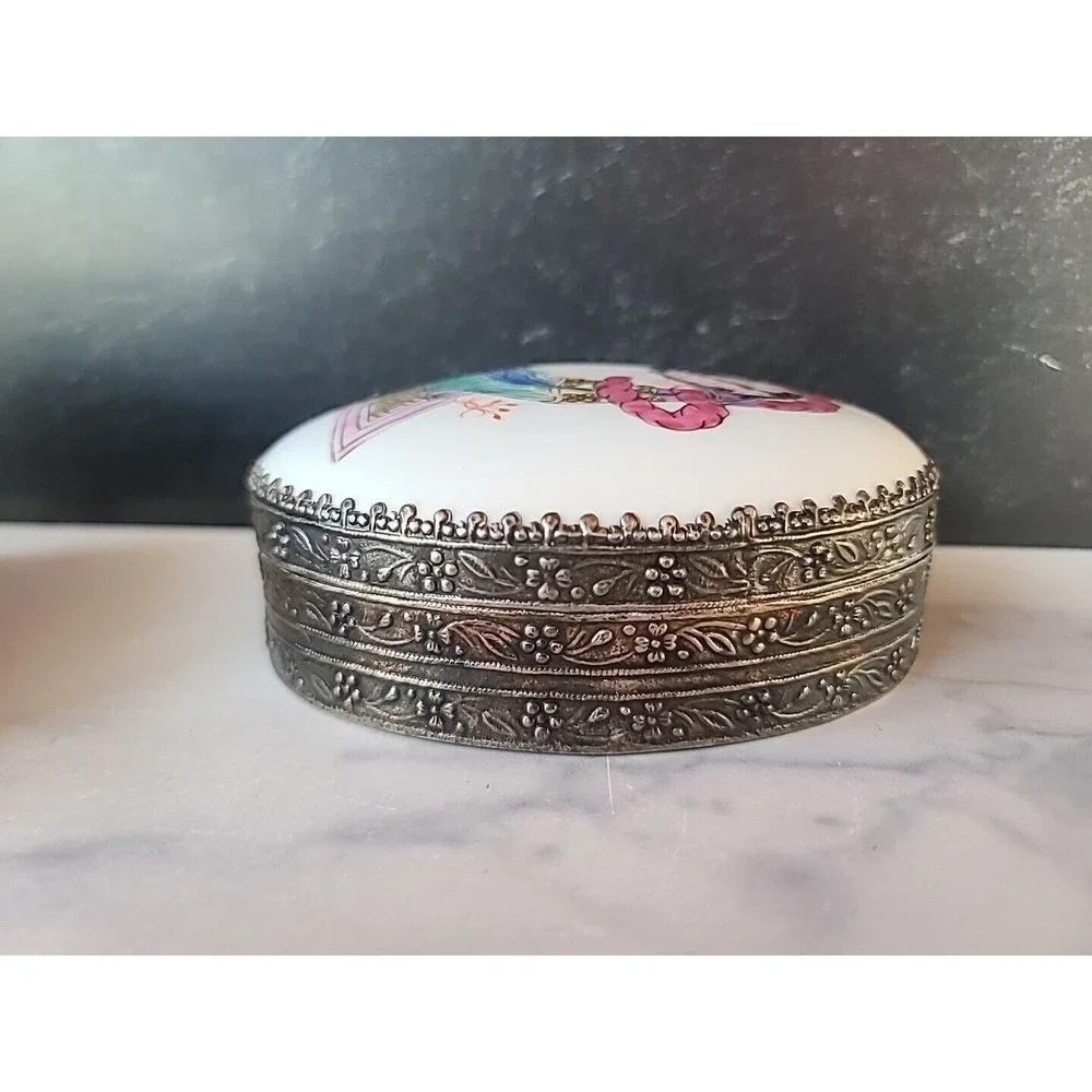 Oval Chinese Silver & Figural Female Porcelain Lidded Domed Box 4.5